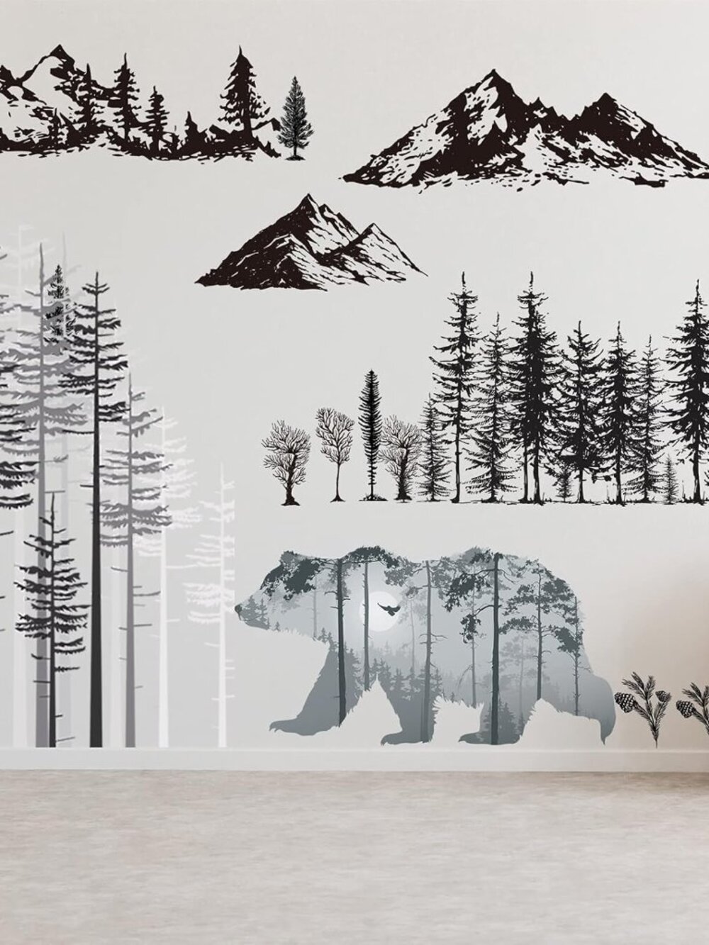 3 Sheets Mountain Forest Bear Wall Decals Stickers Pine Tree Wall Decals Woodlan